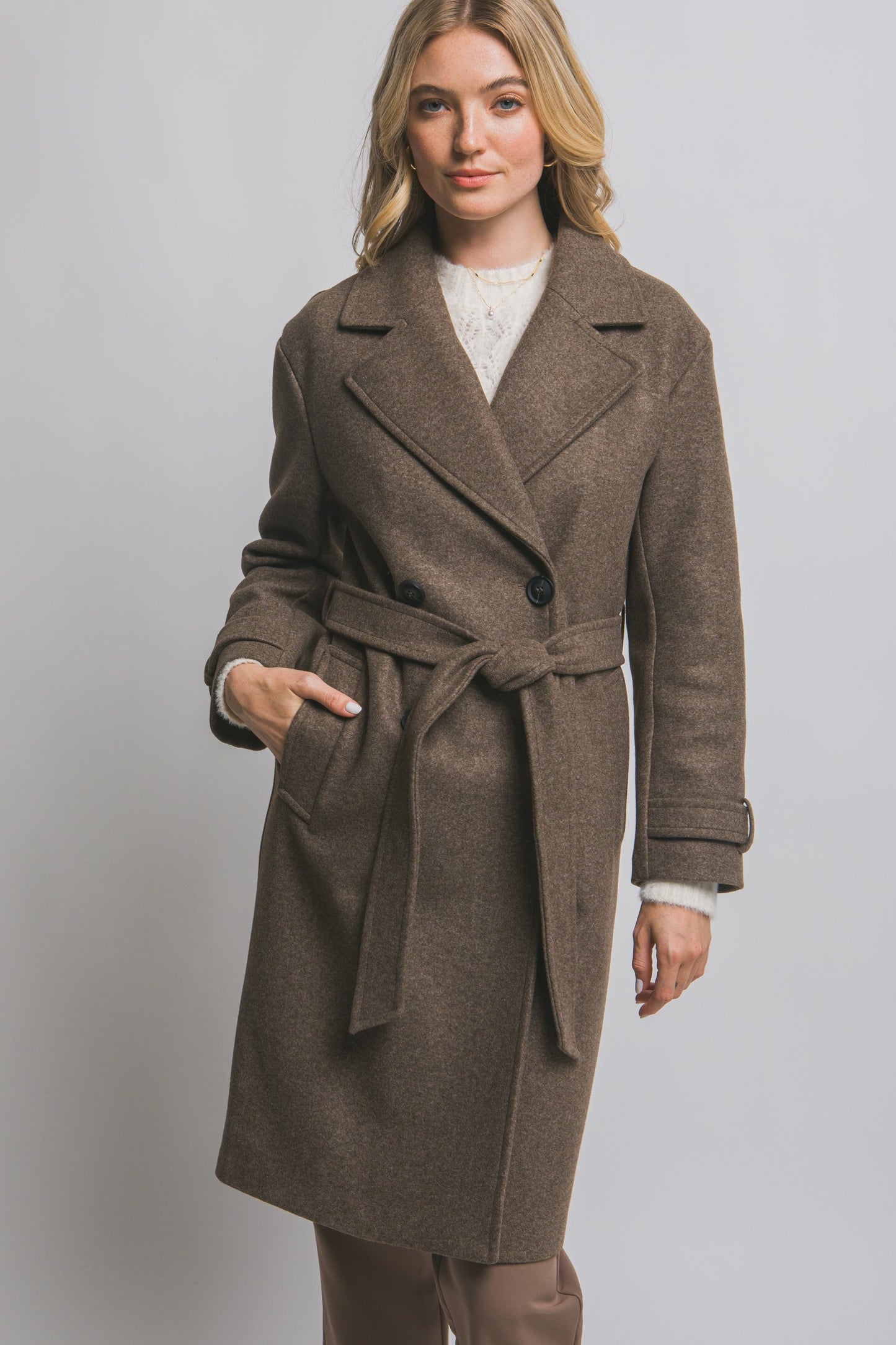 ANGELINA DOUBLE BREASTED TIE WRAP COAT (BROWN)