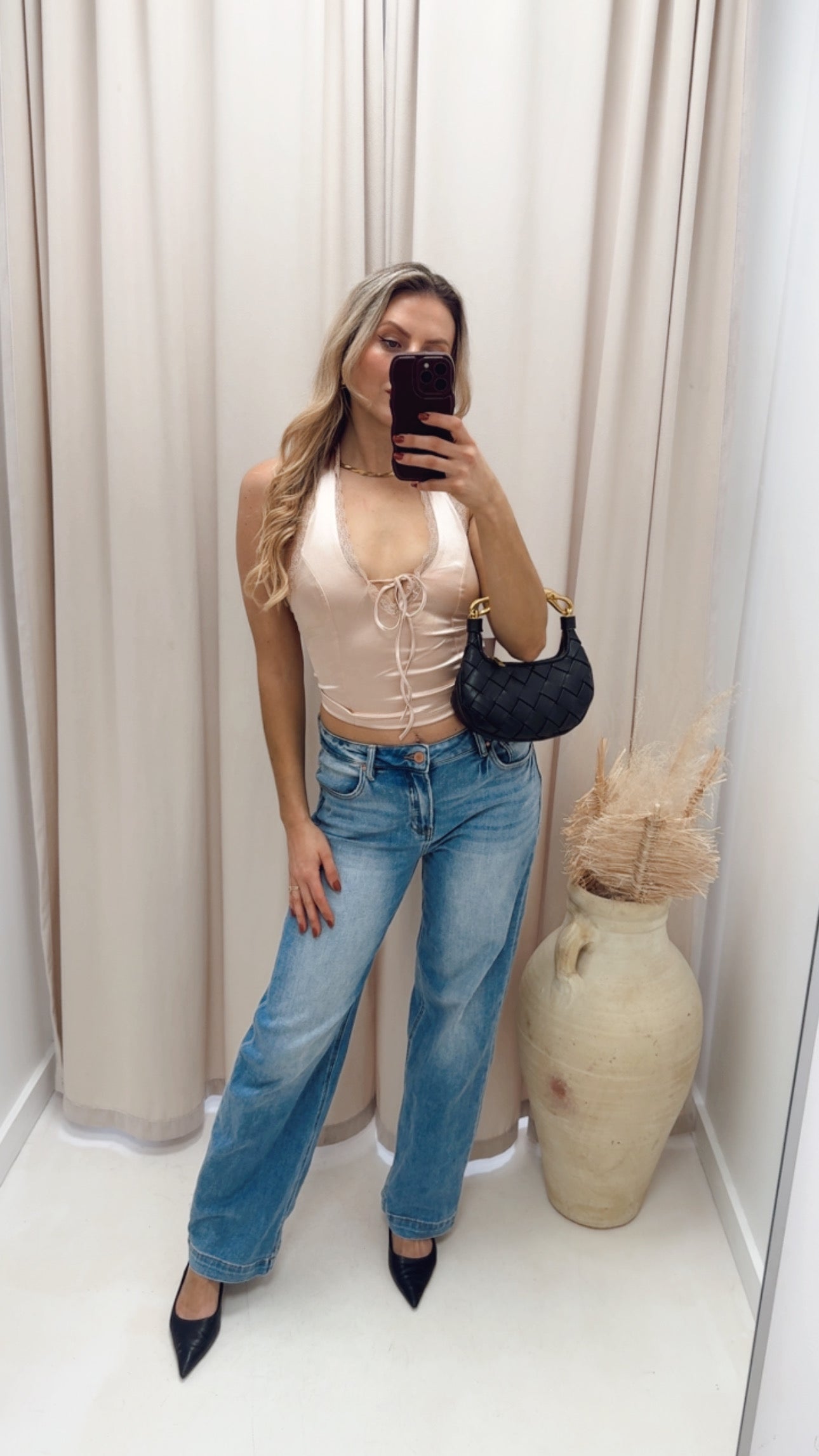 SATIN LACE HALTER NECK TOP (CHAMPAGNE)