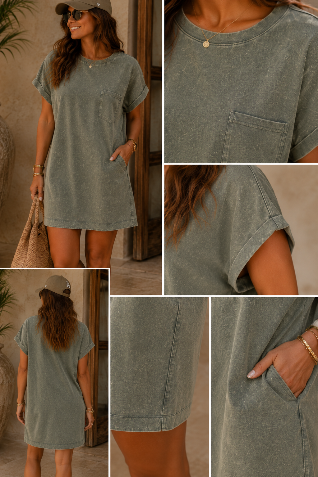 PREMIUM COTTON WASHED T-SHIRTS DRESS (ASH JADE)