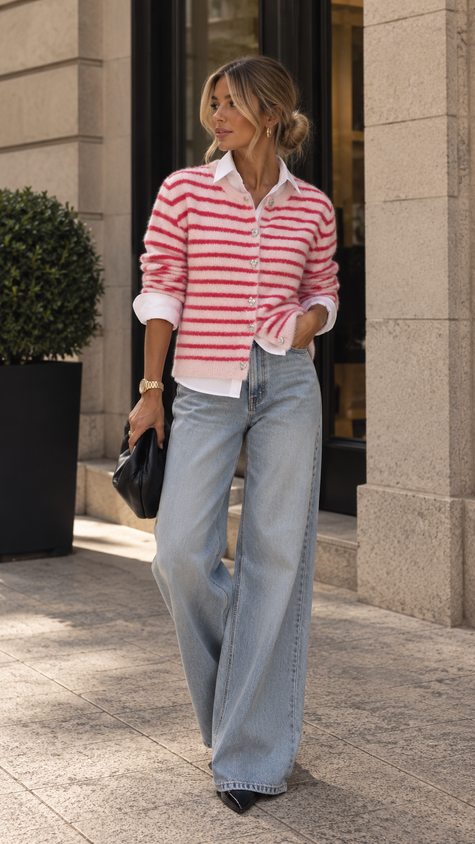KERRY PIUMO BUTTON STRIPED CARDIGAN (RED) | ONLY