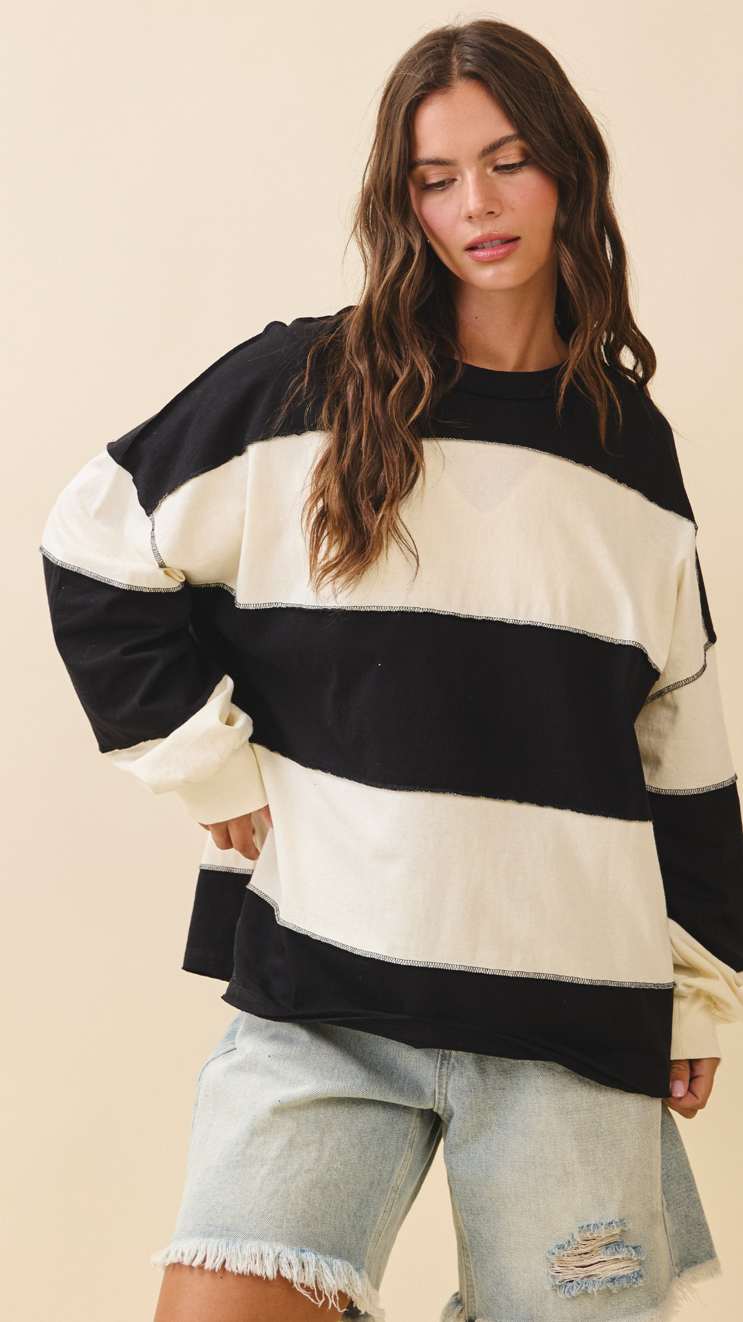 CONTRAST PANEL LONG SLEEVE SLOUCHY PULLOVER