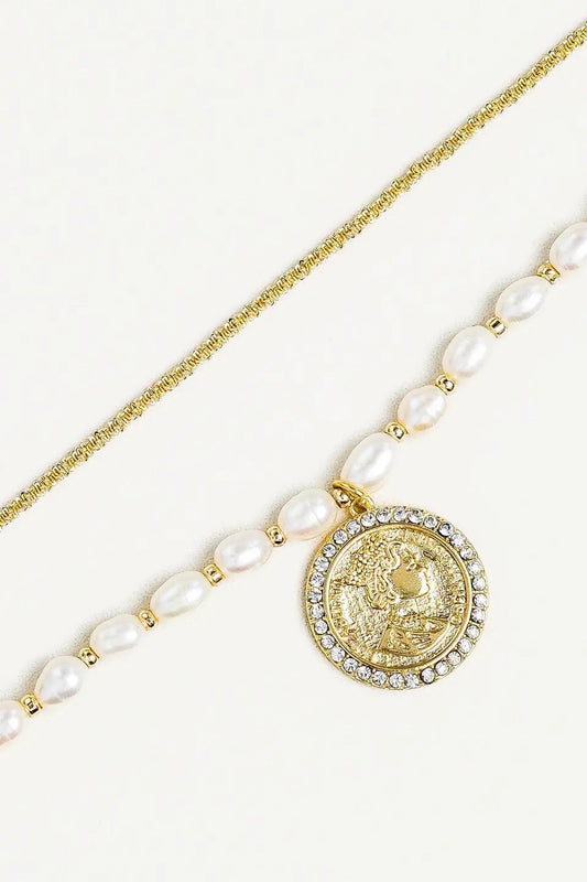 NEW 18K GOLD STACK PEARL & COIN NECKLACE