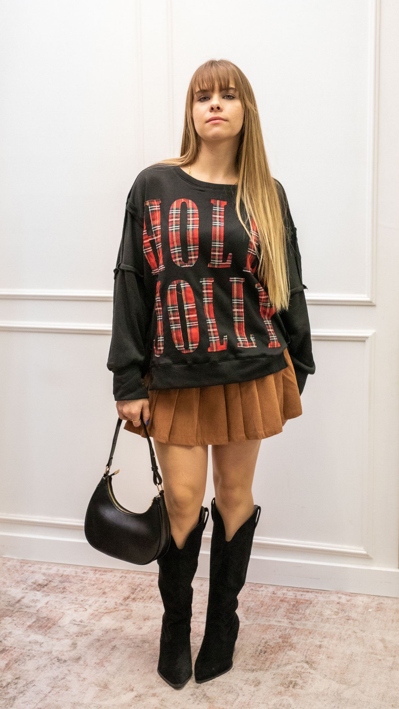 HOLLY JOLLY SWEATSHIRT (BLACK/RED PLAID)
