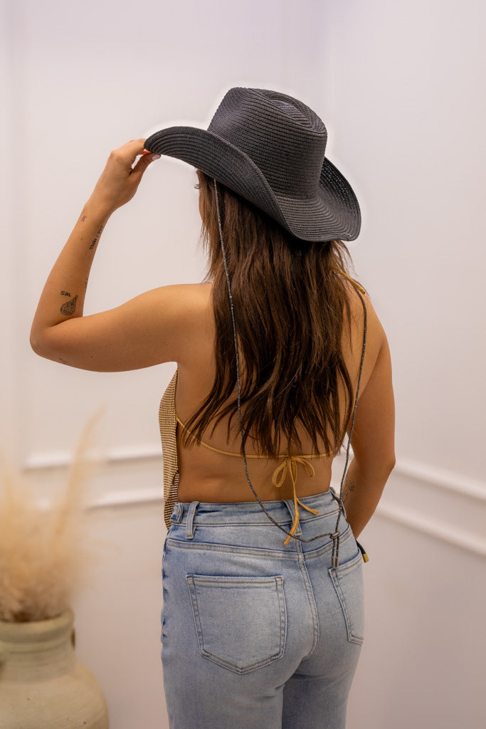 NEW TARA RHINESTINE HALTER TANK (GOLD)