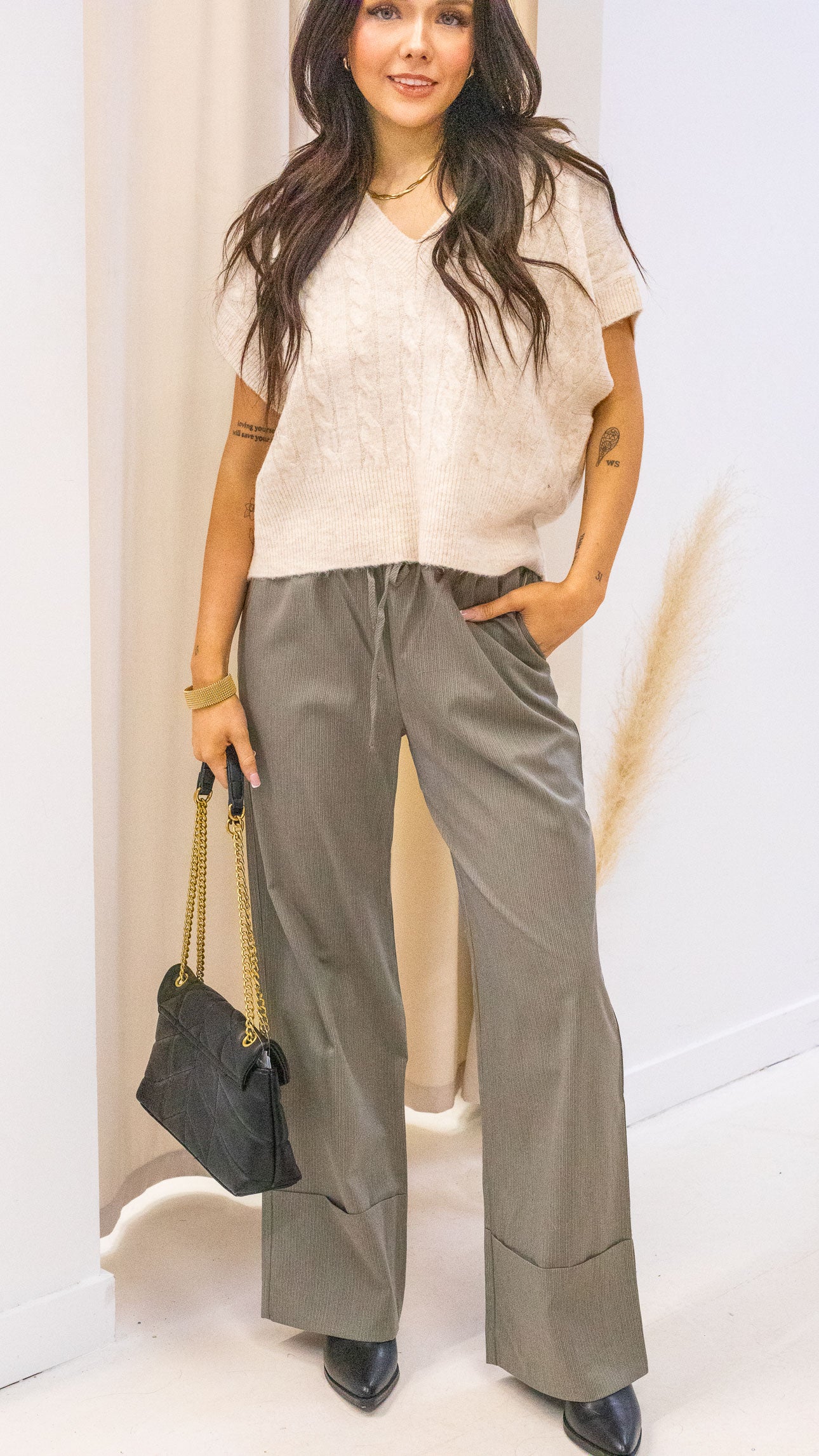 WIDE CUFF PINSTRIPE DRAWSTRING PANTS