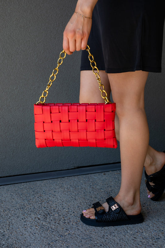 NEW BAYLA SOFT VEGAN LEATHER WOVEN WEAVED SHOULDER BAG (RED)