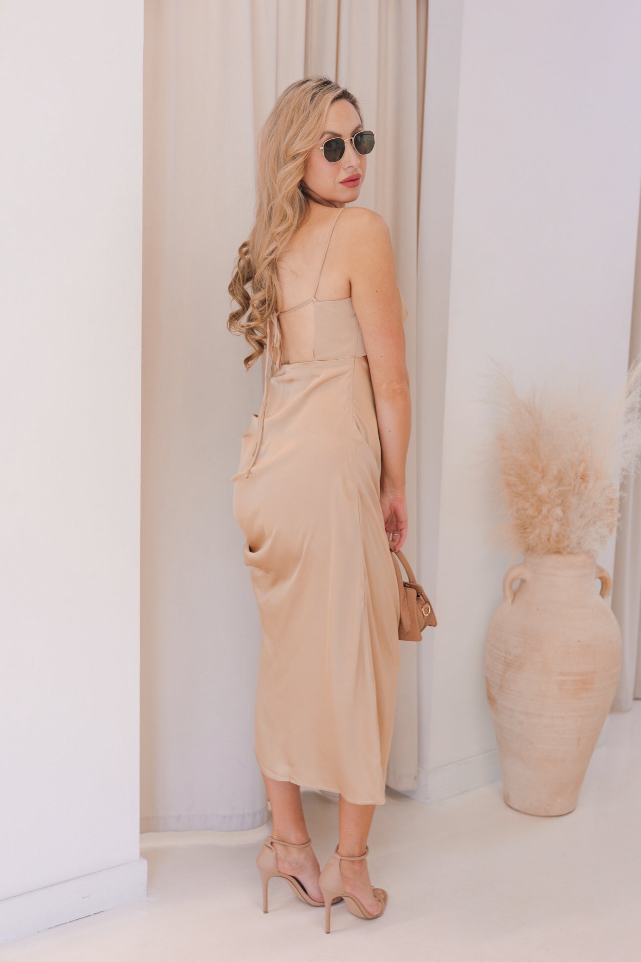 NEW SERENA SATIN SLEEVELESS V-NECK MIDI (CAMEL)