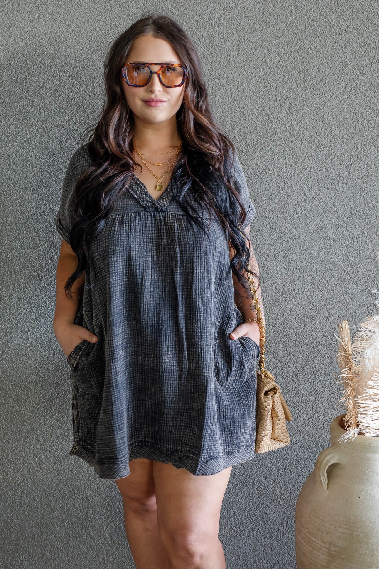 ARIANE DOUBLE GAUZE SHIRT DRESS (ASH BLACK)