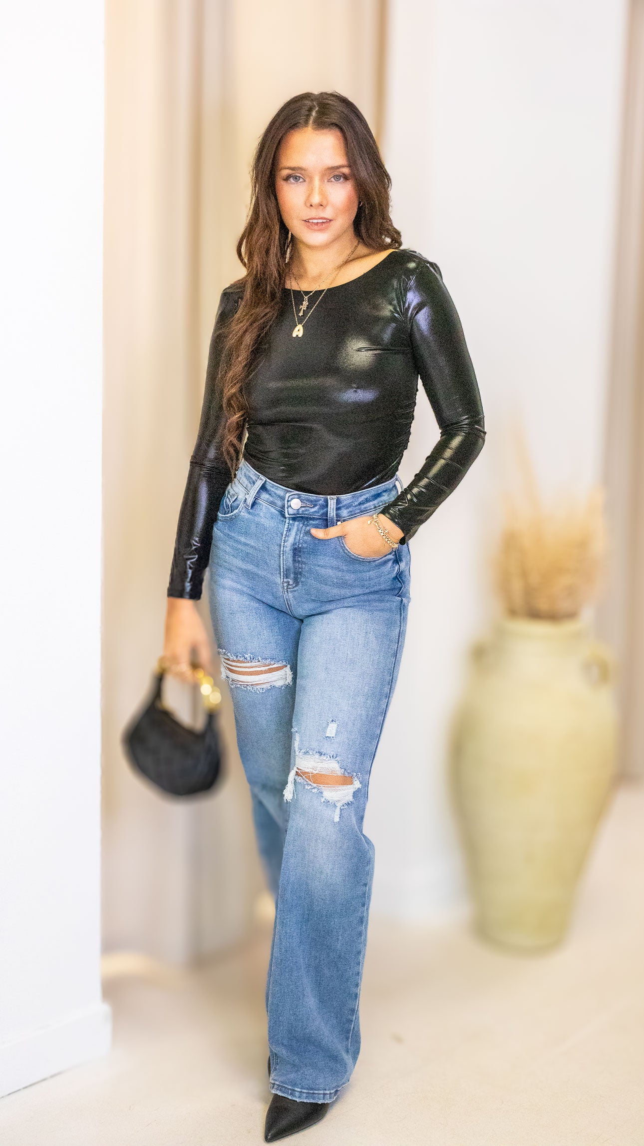 LIQUID LONG SLEEVE BODYSUIT (BLACK)