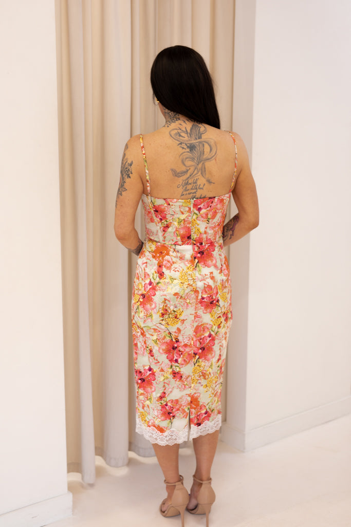 NEW JASMIN FLORAL AND LACE SATIN MIDI DRESS
