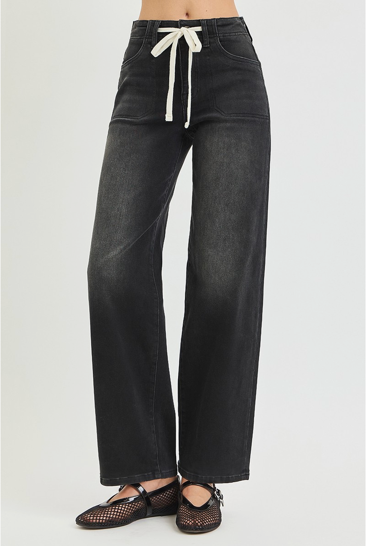 SLOANE HIGH-RISE, WIDE LEG WITH DRAWSTRING | WASHED BLACK | RISEN
