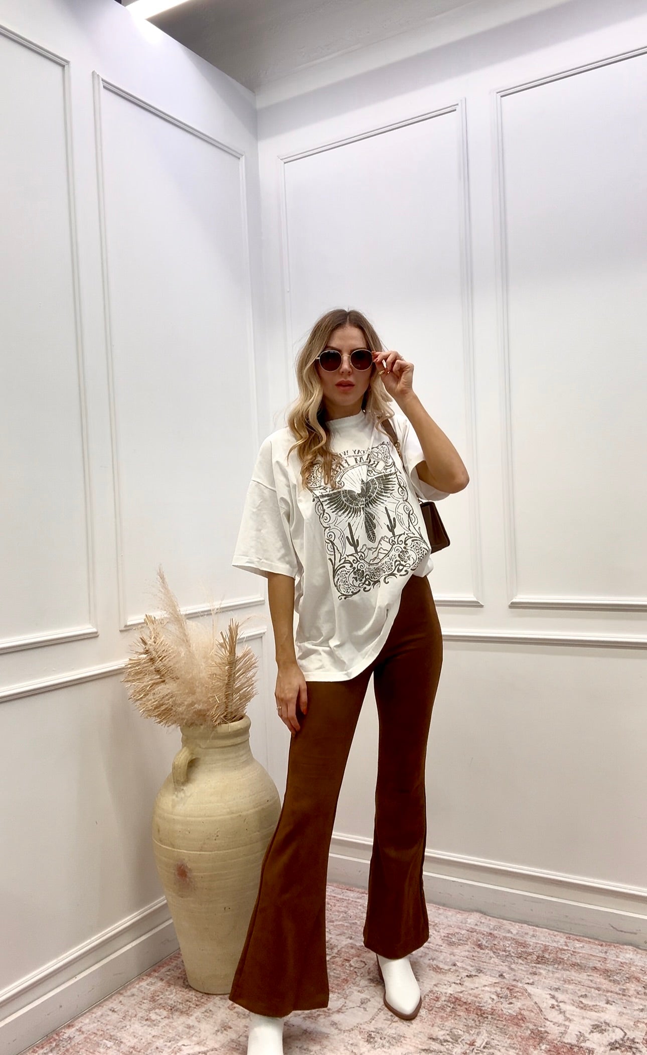 NEW LEONA SUEDE HIGH RISE FLARE PANTS (BROWN)