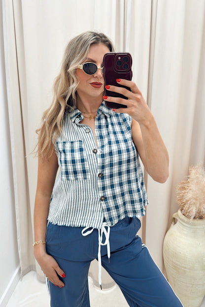 NEW RORY PLAID SLEEVELESS TOP (NAVY)