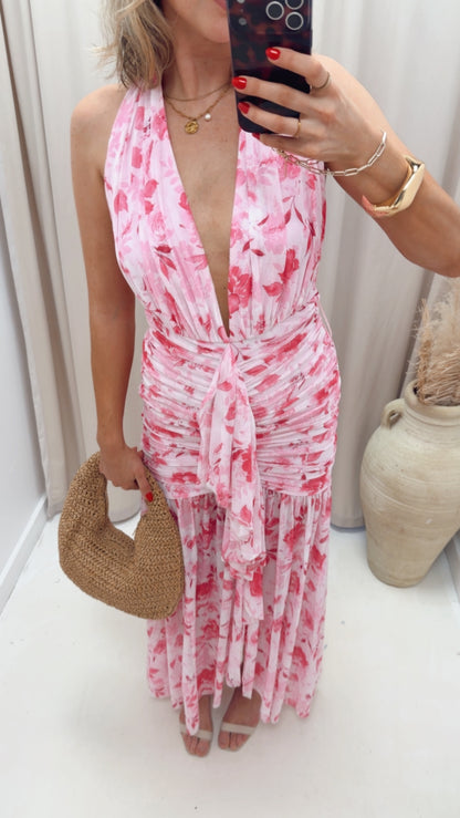 FLORAL PRINTED MESH HALTER NECK MAXI DRESS (PINK MULTI)