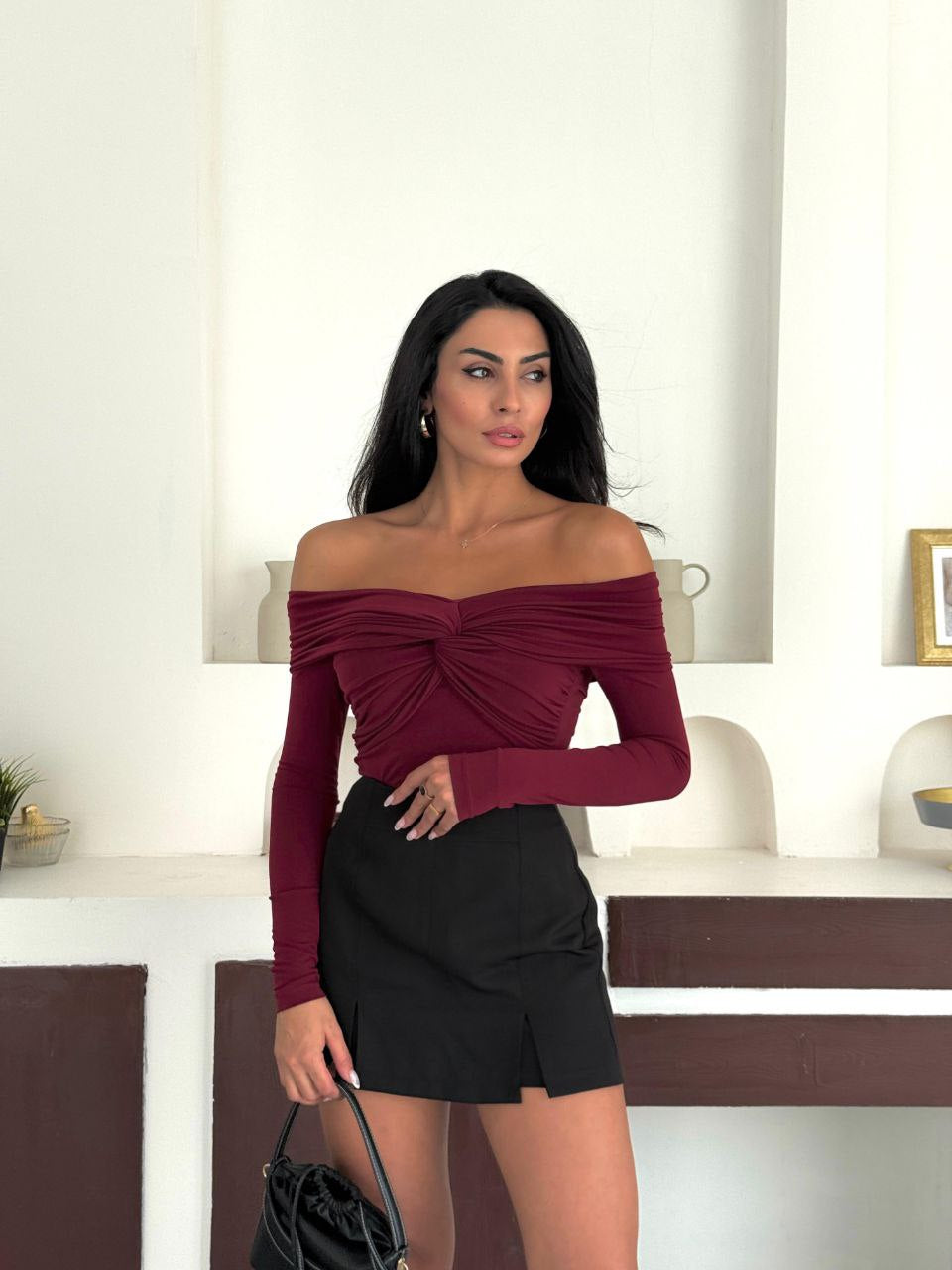 MADONNA TWIST OFF SHOULDER TOP (BURGUNDY)