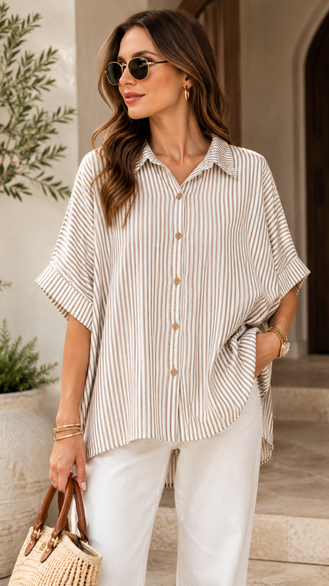 WOVEN STRIPE BUTTON DOWN BOXY TOP (TAUPE)