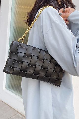 NEW BAYLA SOFT VEGAN LEATHER WOVEN WEAVED SHOULDER BAG (BLACK)