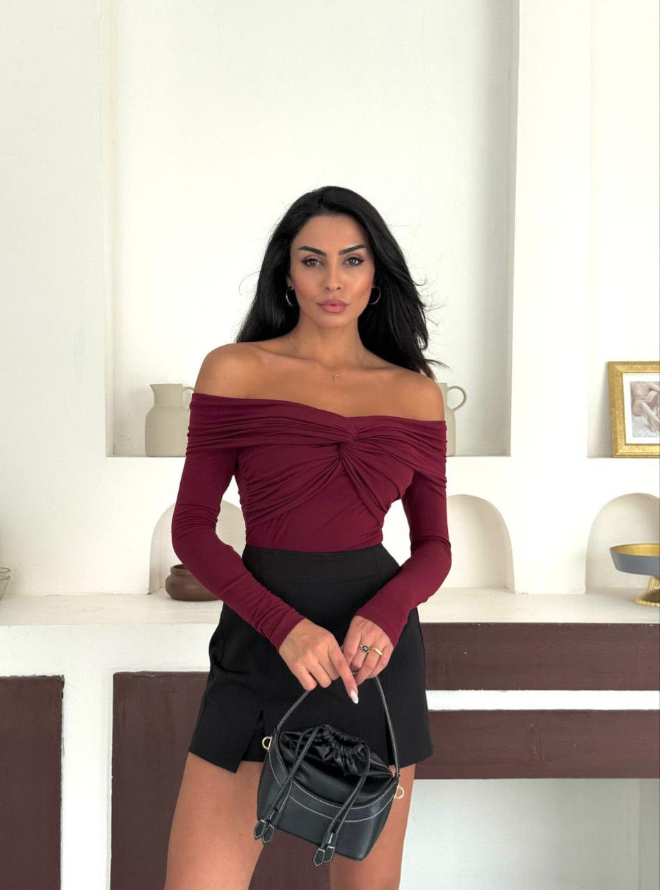 MADONNA TWIST OFF SHOULDER TOP (BURGUNDY)
