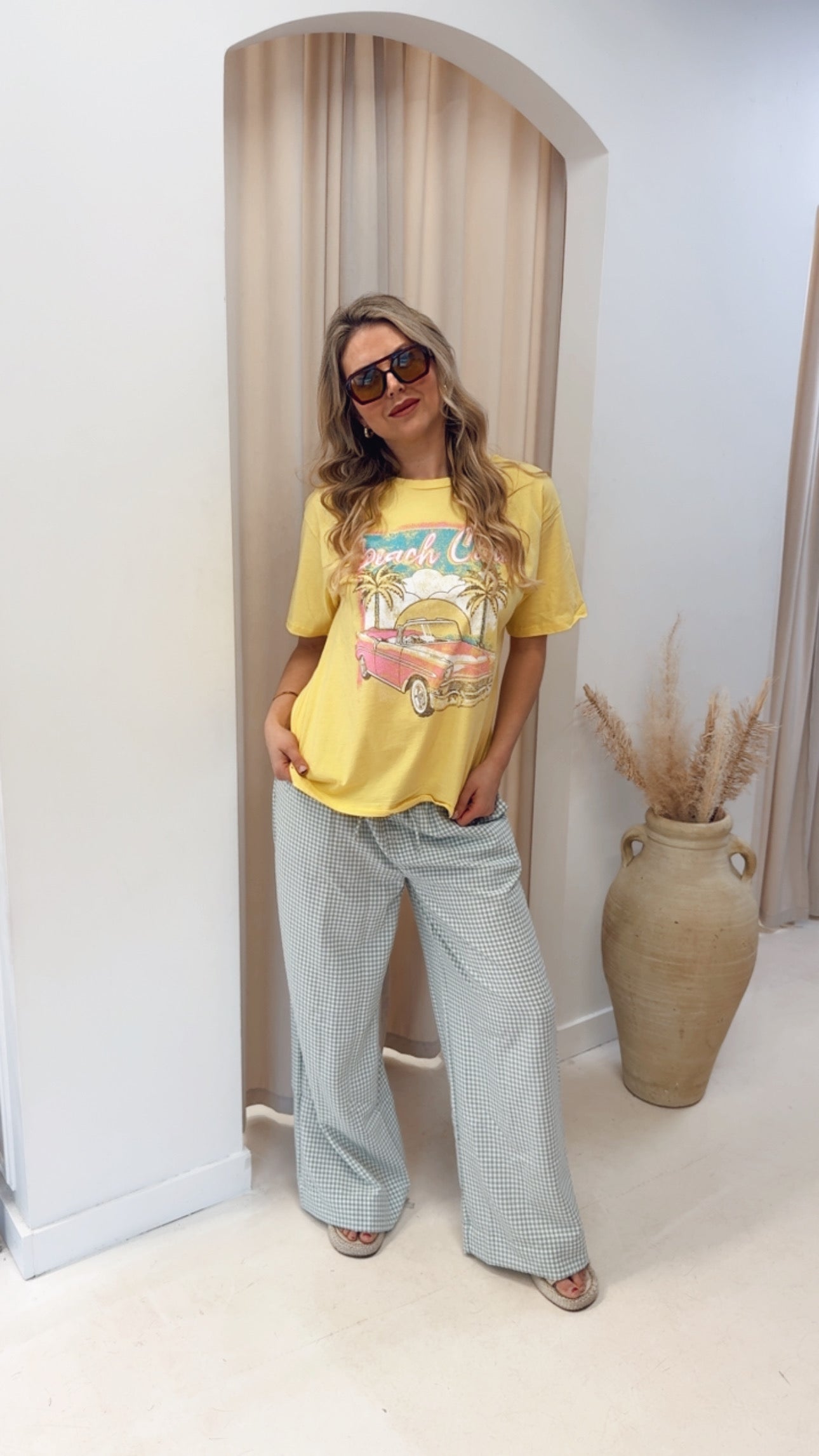 GINGHAM WIDE LEG DRAW-WAIST PANT | SAGE