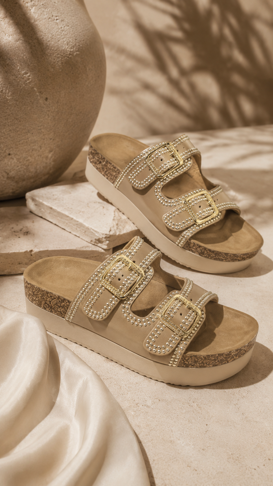 DOUBLE BUCKLE CRYSTAL SANDALS (BEIGE)
