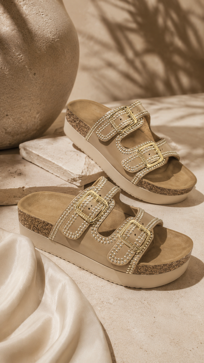 DOUBLE BUCKLE CRYSTAL SANDALS (BEIGE)