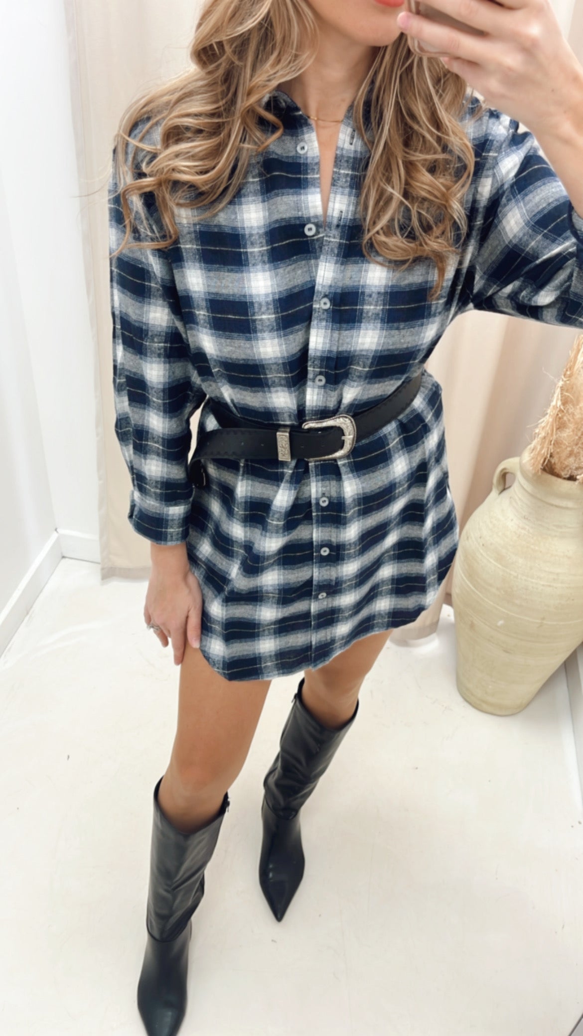 JAMIE PLAID SHIRT DRESS (NAVY)