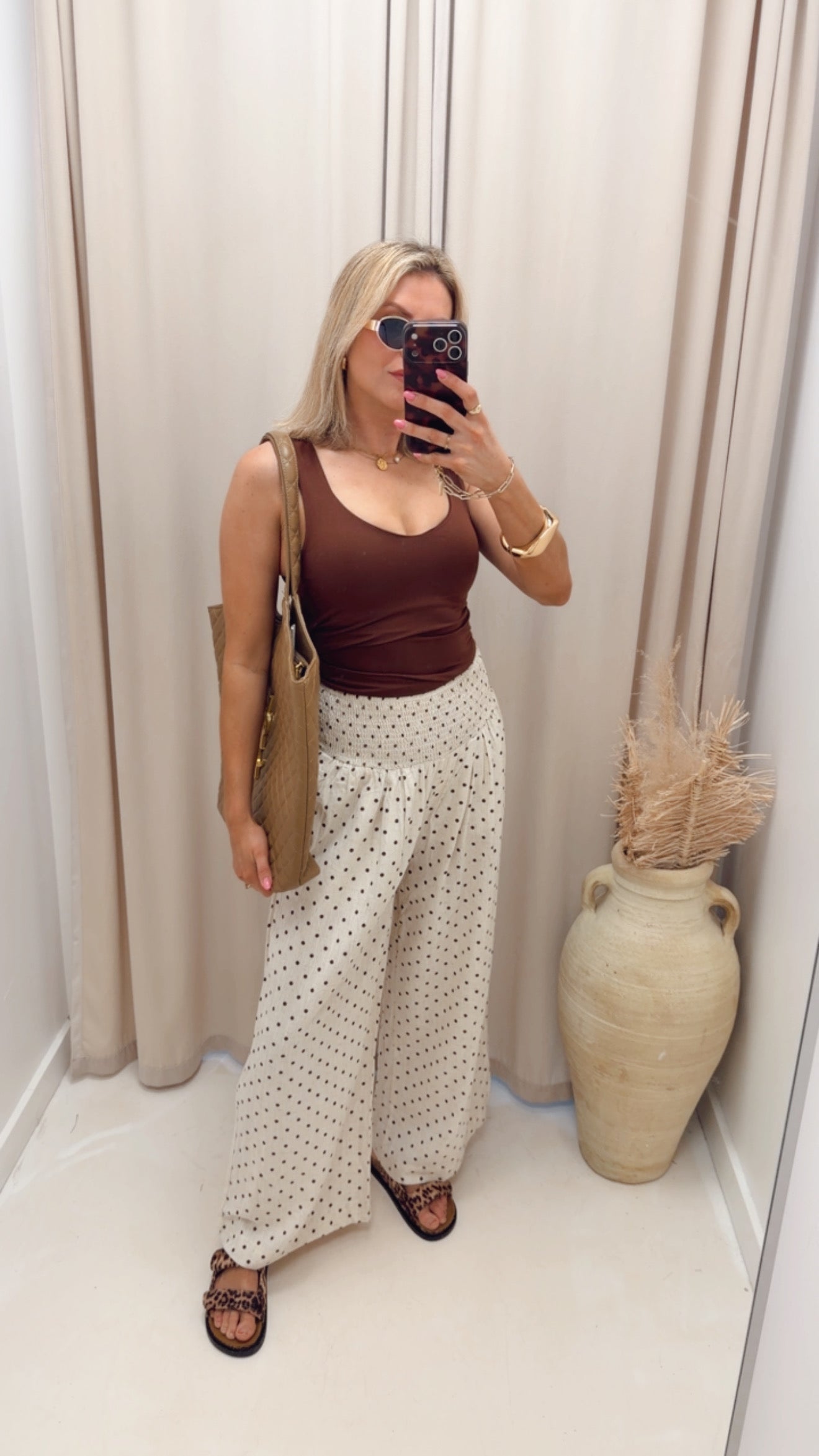 POLKA DOT LINEN WIDE LEG PANTS