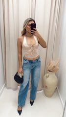 SATIN LACE HALTER NECK TOP (CHAMPAGNE)