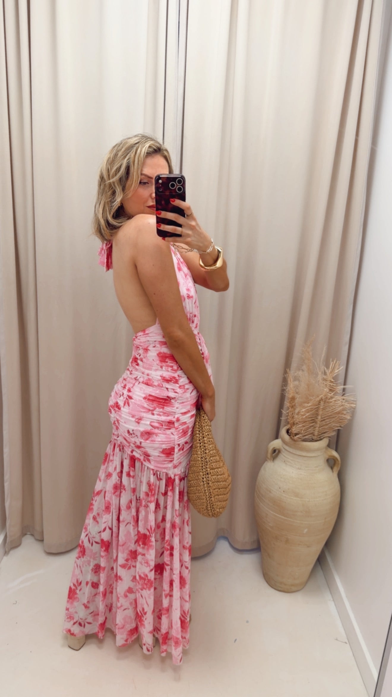 FLORAL PRINTED MESH HALTER NECK MAXI DRESS (PINK MULTI)