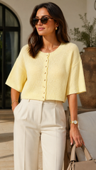 BOXY SHORT SLEEVE BUTTON DOWN KNIT CARDIGAN (BUTTER YELLOW)