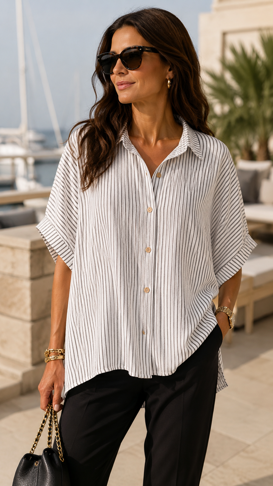 WOVEN STRIPE BUTTON DOWN BOXY TOP (BLACK)