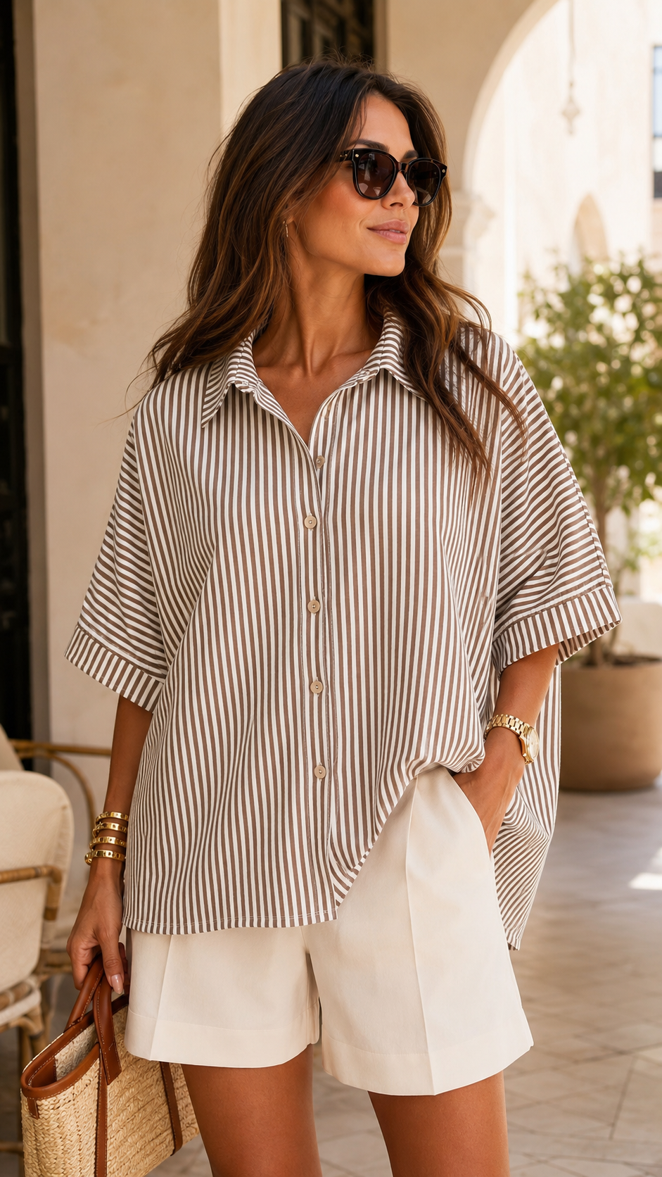 OVERSIZED STRIPE BUTTON-DOWN STRETCH KNIT SHIRTS (MOCHA)
