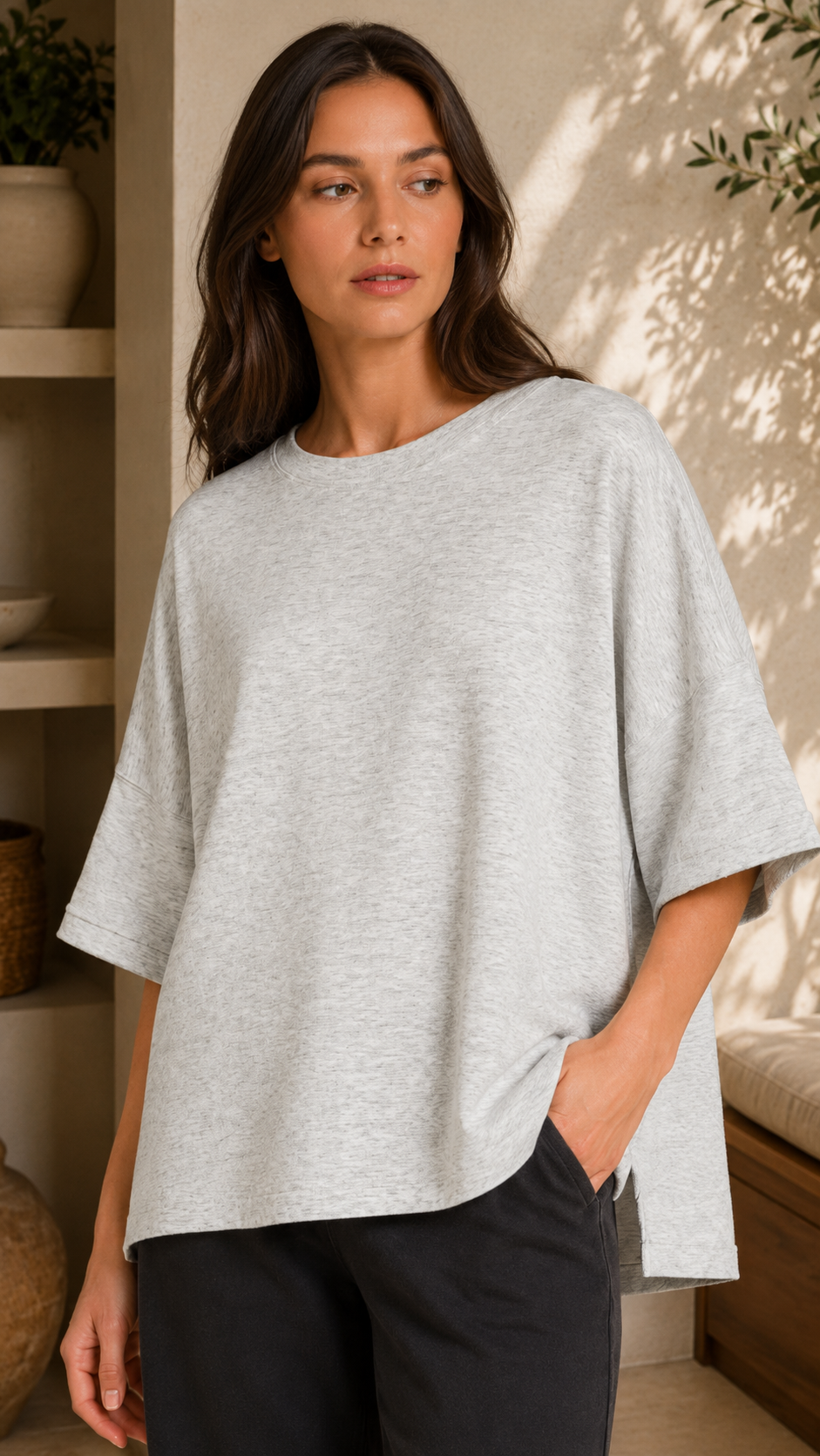 SCUBA ROUND NECK TOP WITH SIDE SLITS (H GREY)