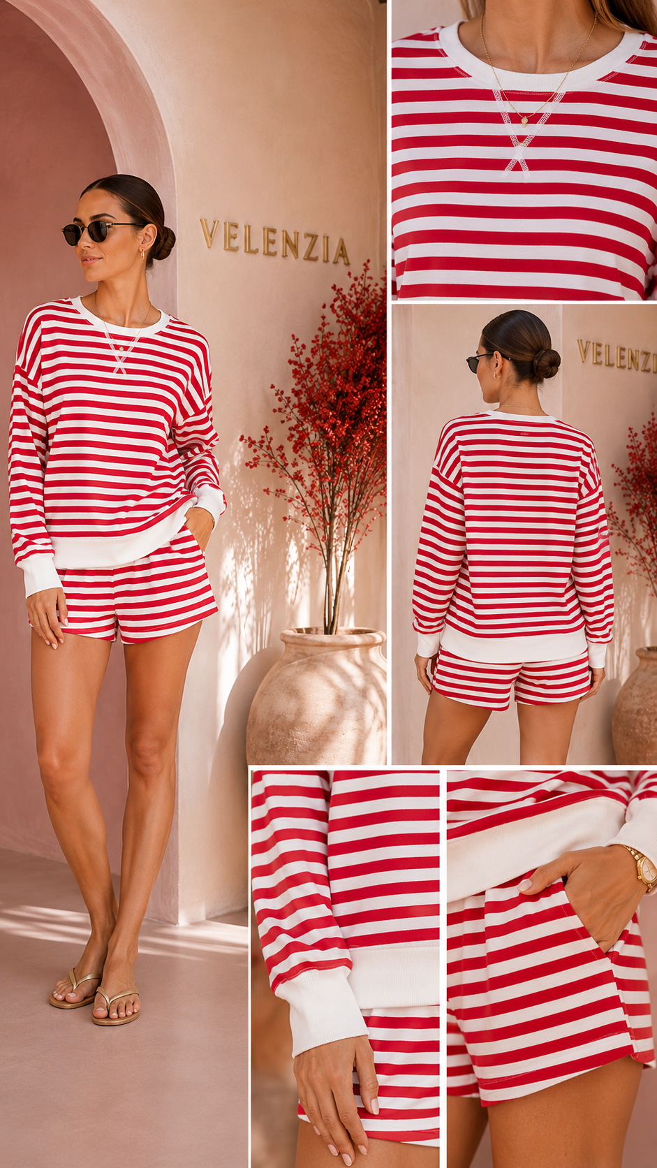 STRIPED RIB BANDED PULLOVER &amp; SHORTS SET (RUBY)