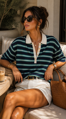 MULTI-COLOR STRIPE SHORT SLEEVE KNIT POLO TOP (NAVY MULTI)