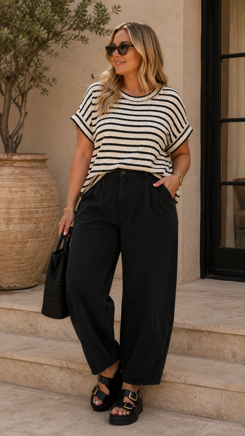 JACQUARD STRIPED SHORT SLEEVE HI-LOW TEE (BLACK)