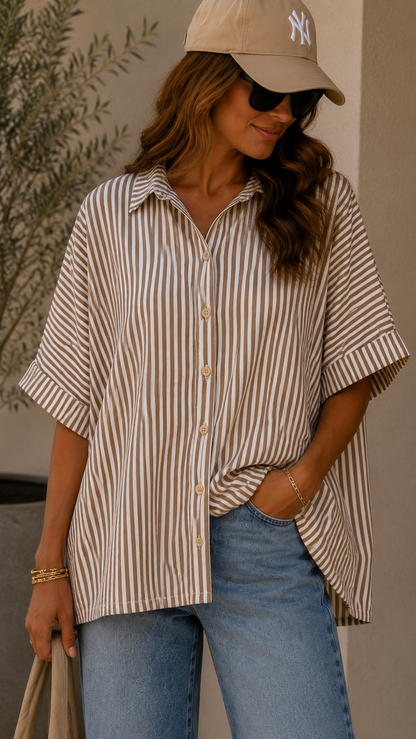T-SHIRT STRIPED BUTTON UP TOP (BROWN)