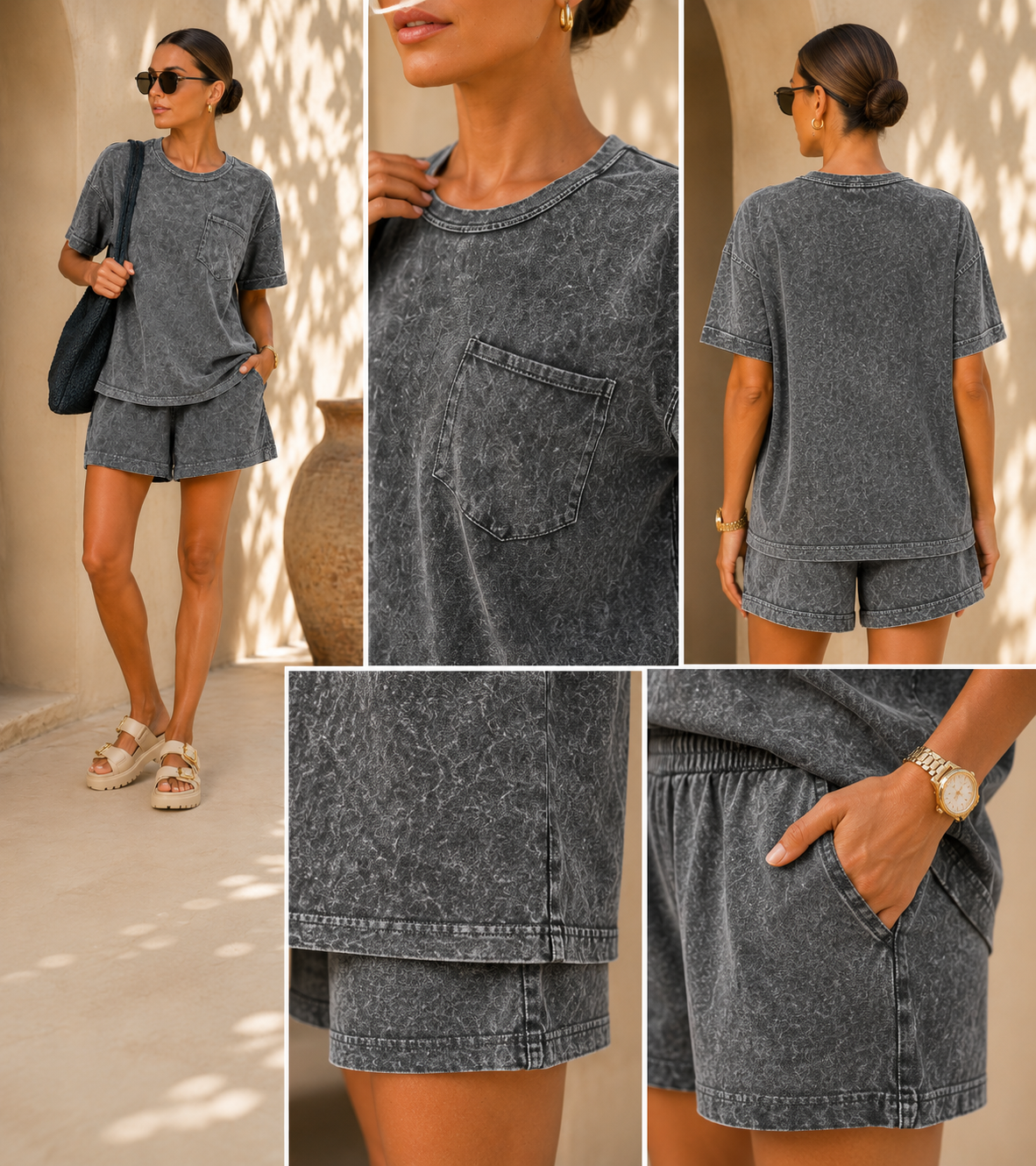 HALO SNOW WASHED EXPOSED SEAM TOP &amp; SHORTS SET (ASH BLACK)