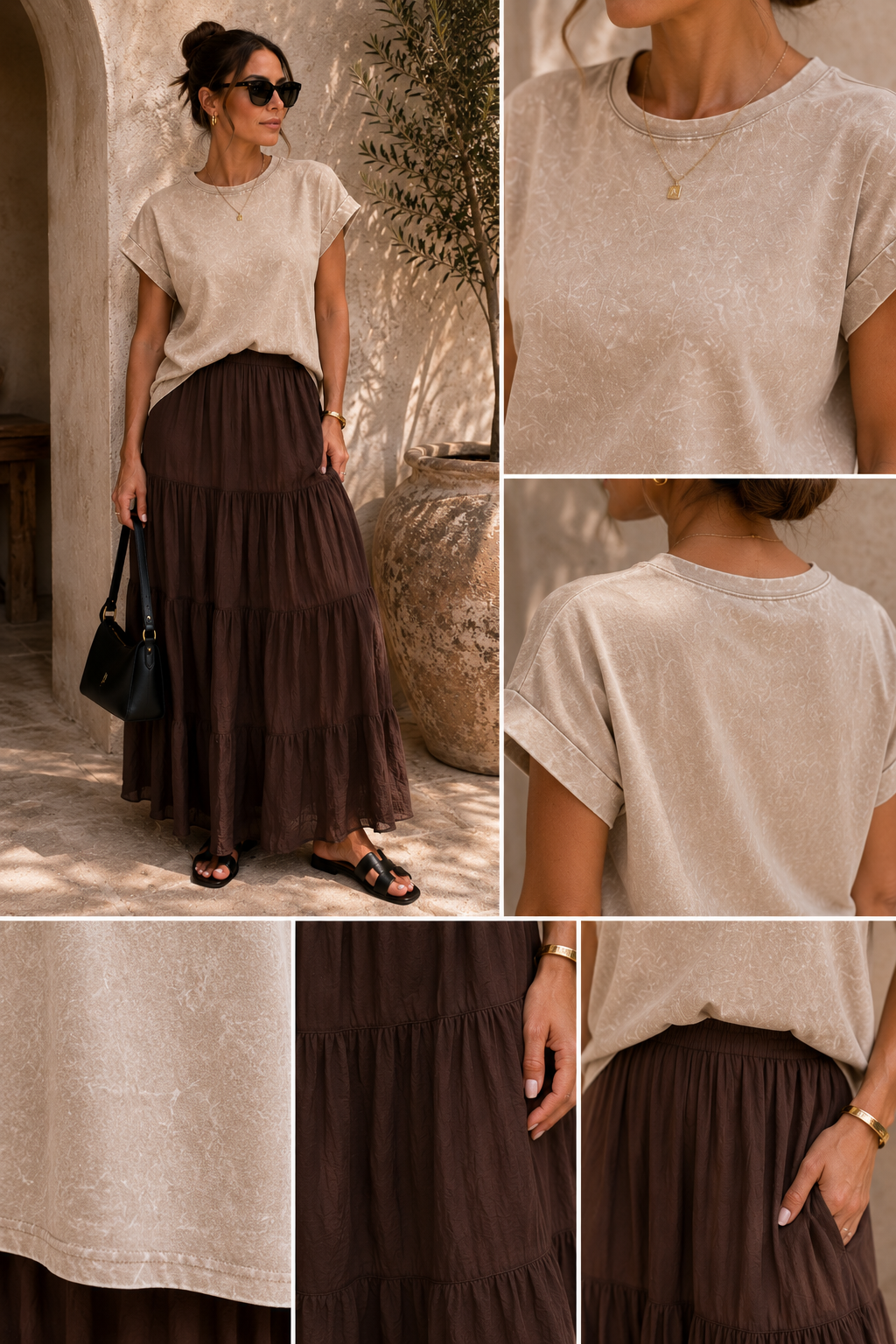 CRINKLE WASHED ROUND NECK FOLDED SHORT SLEEVE TEE (ASH MOCHA)