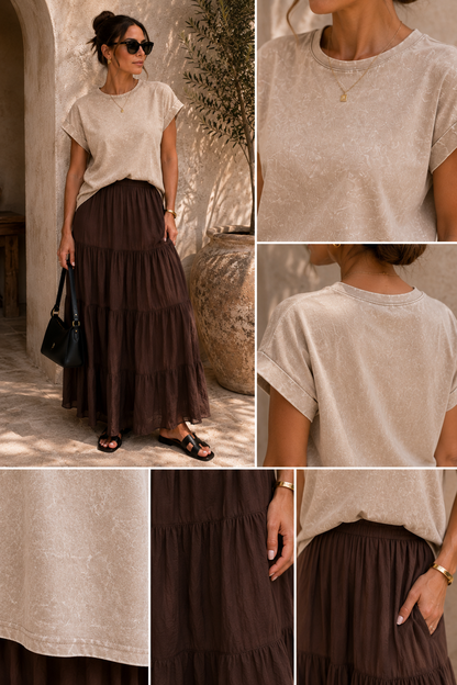 CRINKLE WASHED ROUND NECK FOLDED SHORT SLEEVE TEE (ASH MOCHA)
