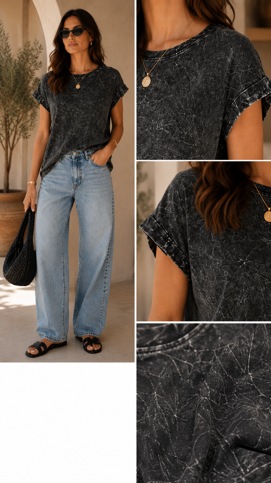 CRINKLE WASHED ROUND NECK FOLDED SHORT SLEEVE TEE (ASH BLACK)