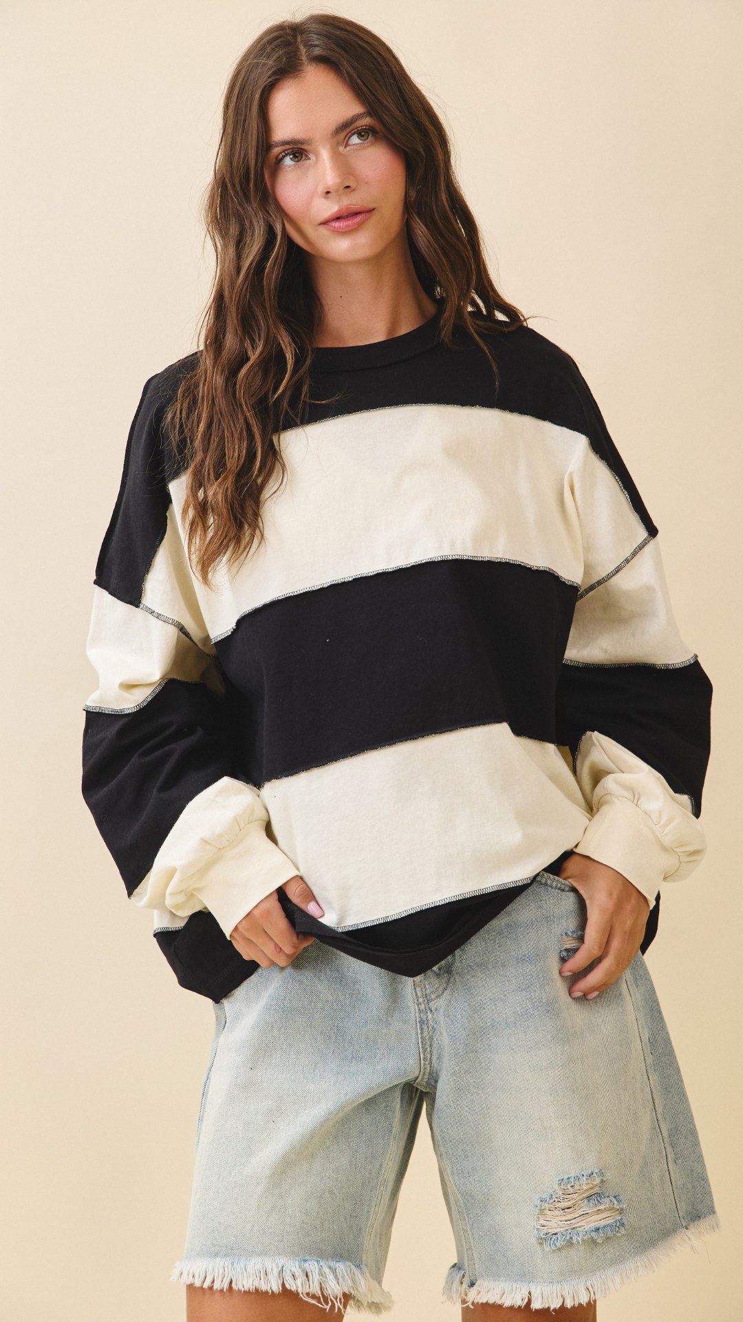 CONTRAST PANEL LONG SLEEVE SLOUCHY PULLOVER
