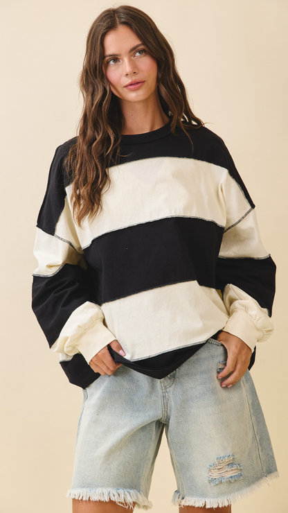 CONTRAST PANEL LONG SLEEVE SLOUCHY PULLOVER