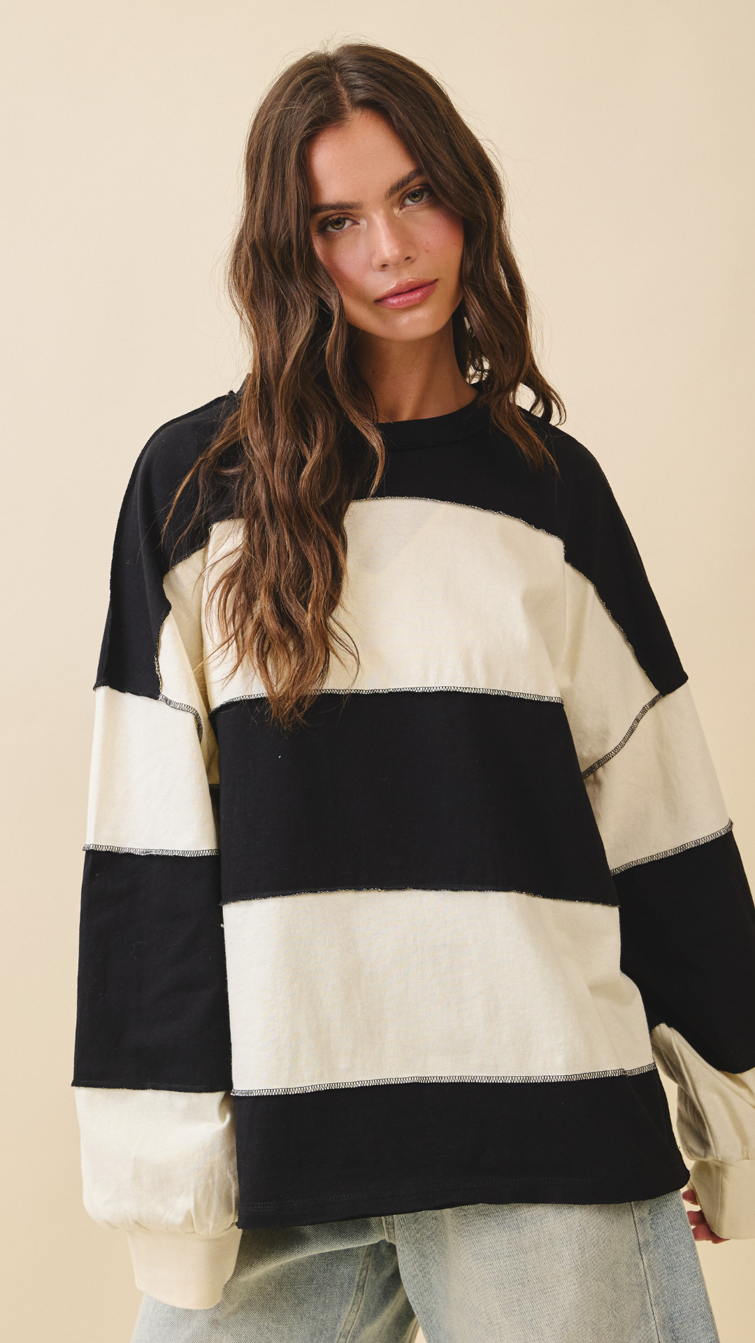 CONTRAST PANEL LONG SLEEVE SLOUCHY PULLOVER