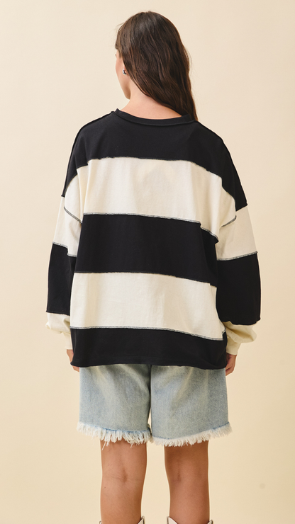 CONTRAST PANEL LONG SLEEVE SLOUCHY PULLOVER