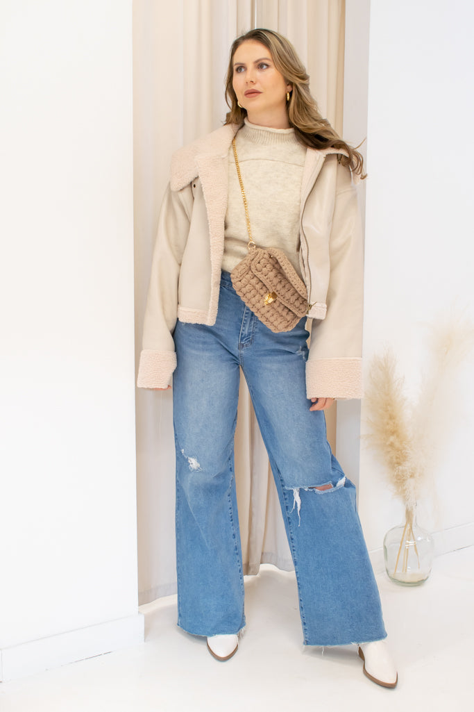 NYA FAUX LEATHER SHERPA JACKET  (SAND)