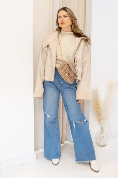 NYA FAUX LEATHER SHERPA JACKET  (SAND)