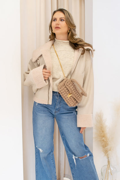 NYA FAUX LEATHER SHERPA JACKET  (SAND)