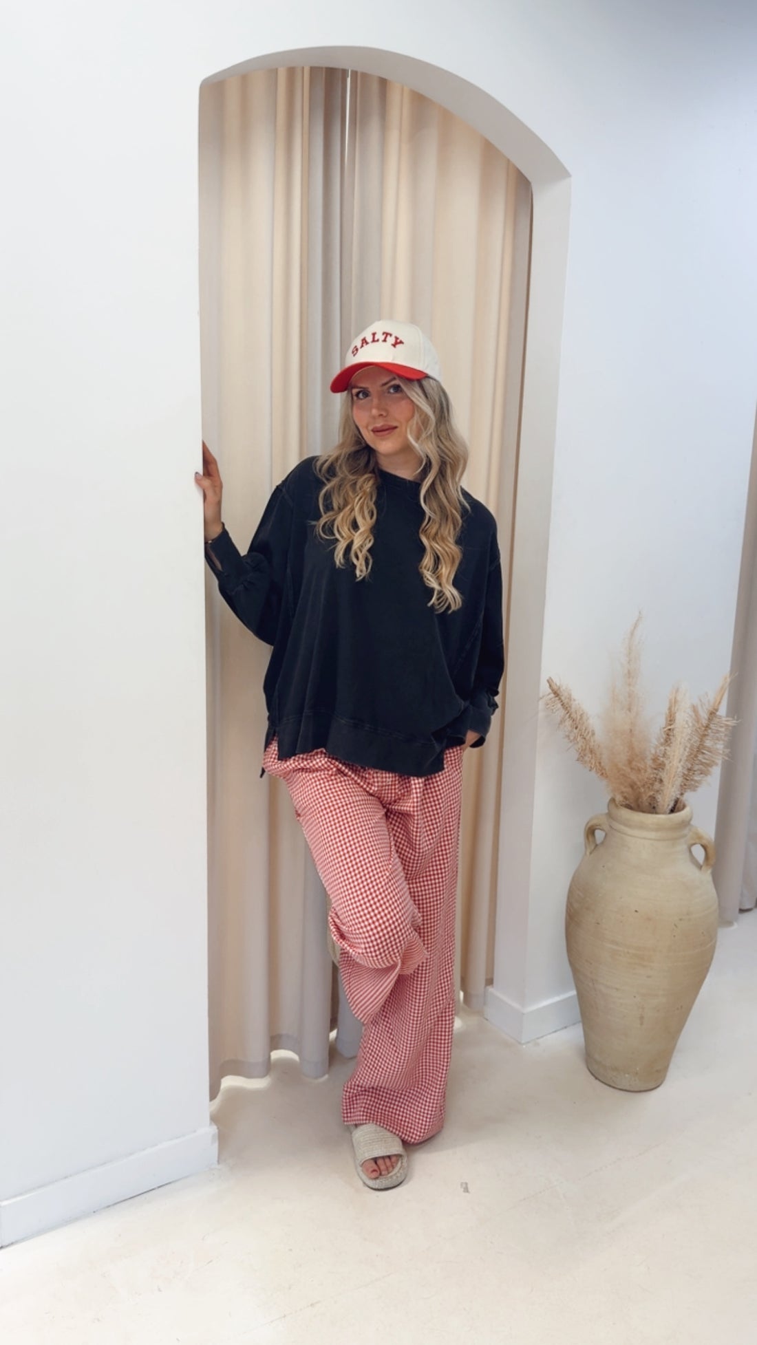 GINGHAM WIDE LEG DRAW-WAIST PANT | RED