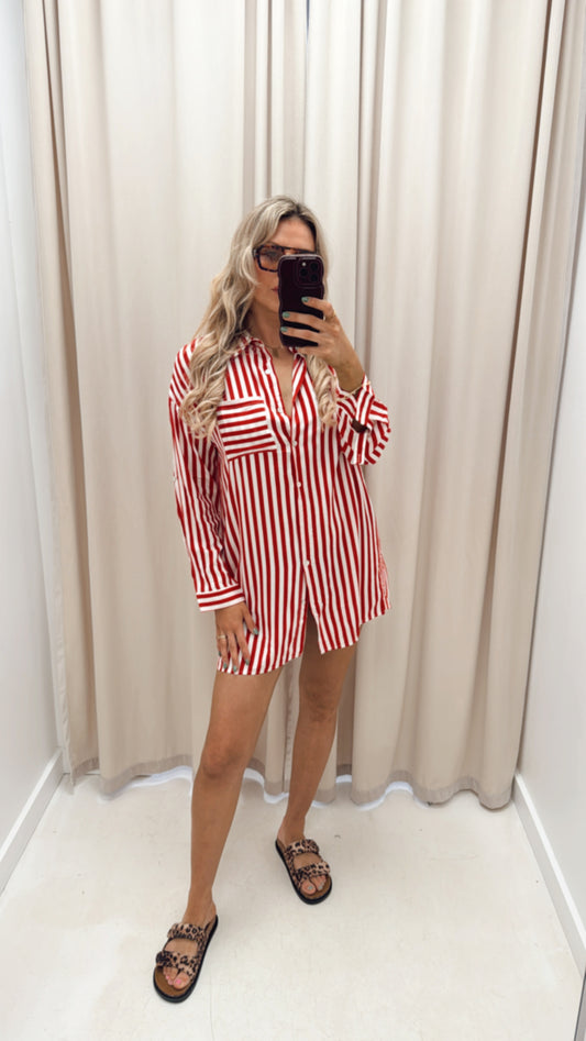 POPPY STRIPED SHIRT DRESS (RED)